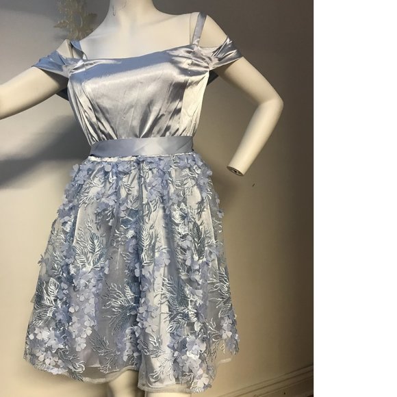 CANADA Le Chateau sky baby blue floral 3D embroidered mesh satin prom wedding - Picture 1 of 9